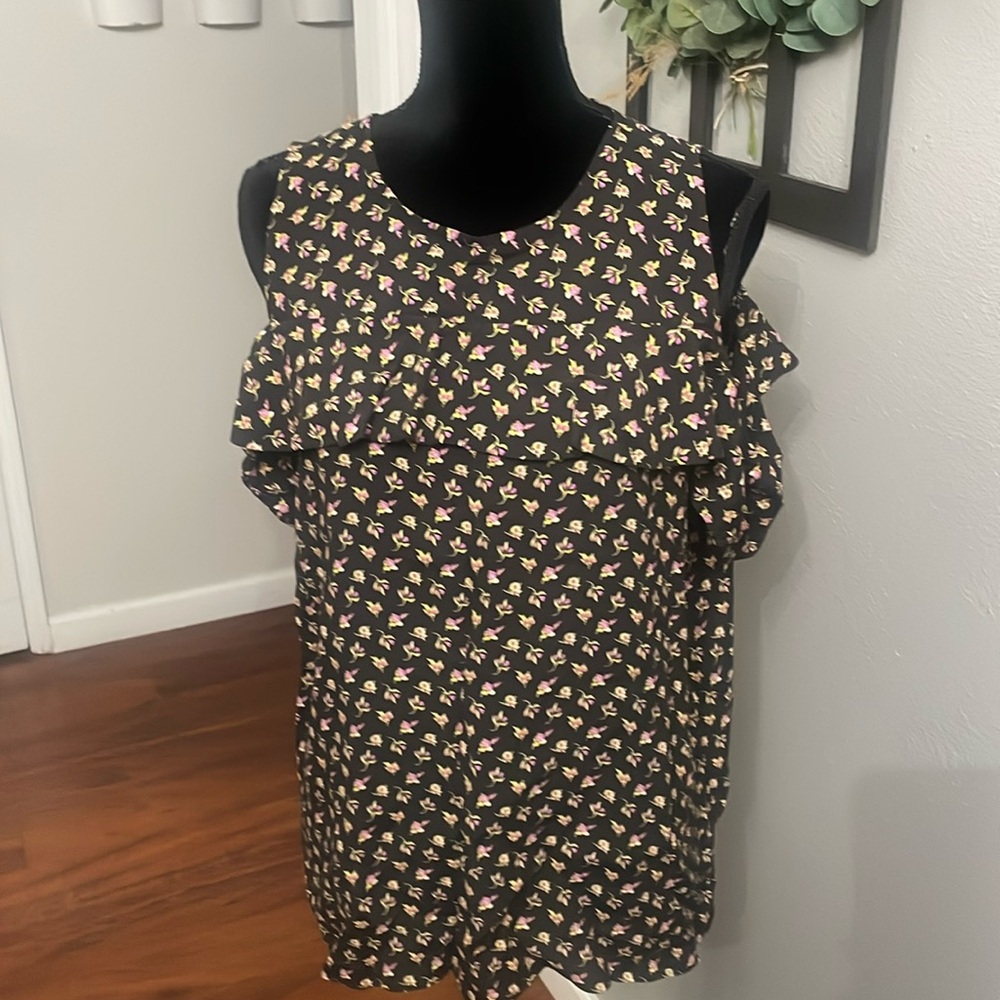 LOFT Black Floral Print Cold Shoulder Top Ruffle